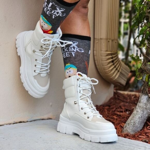 Women's White Chunky Block High Heel Ankle Combat‎ Booties - Picture 1 of 7